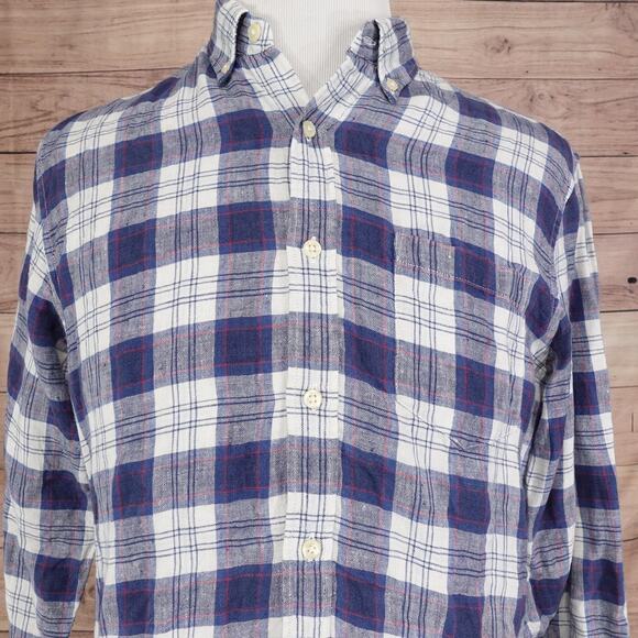 J.Crew Mercantile Shirt 100% Linen Mens Medium Blue White Plaid Button Down - Picture 1 of 8
